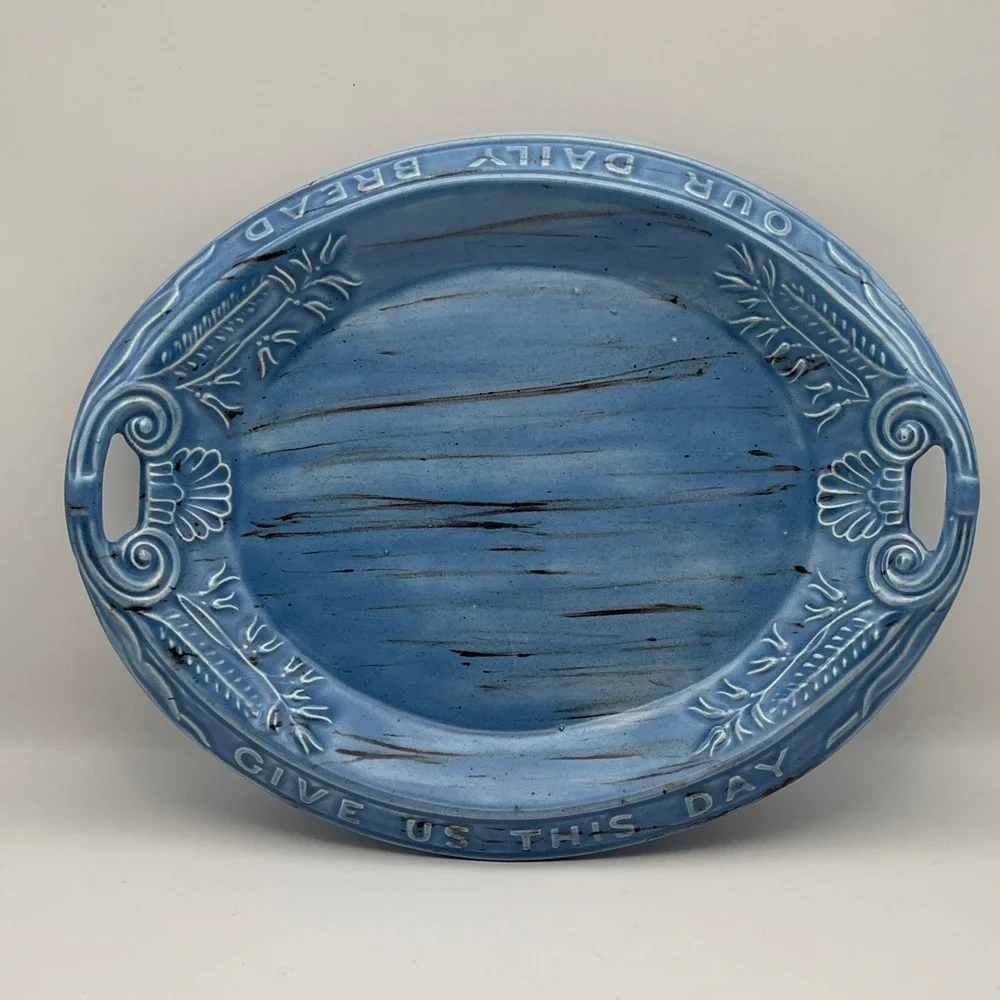 Vintage Blue Ceramic Give Us This Day Our Daily Bread Tray Platter 1982 MBL